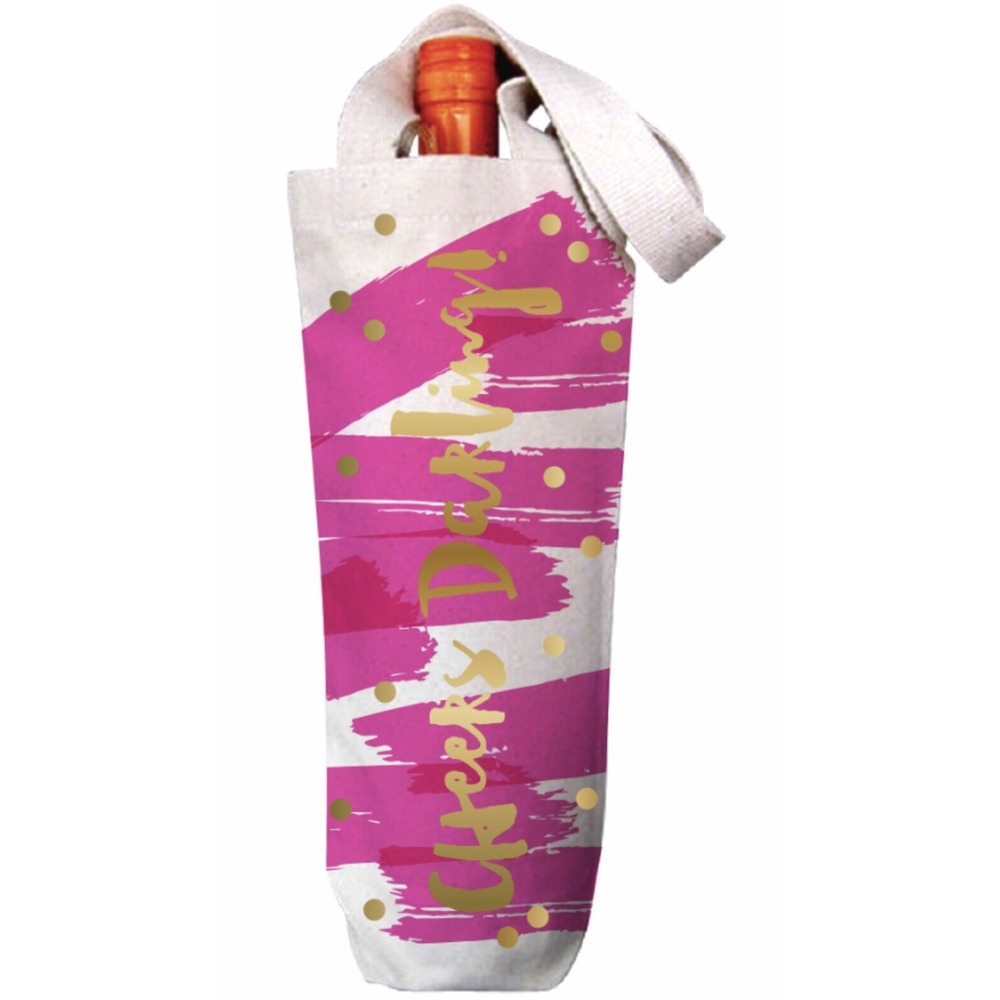 Slant Collections Canvas Wine Bottle Bag Cheers Darling Pink Gold Foil F165707
